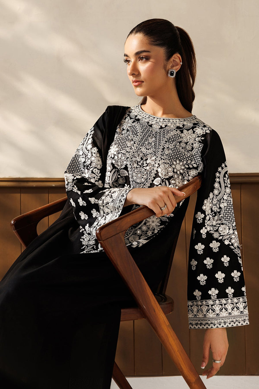 Black and White Embroidered Lawn Suit with Chiffon Dupatta