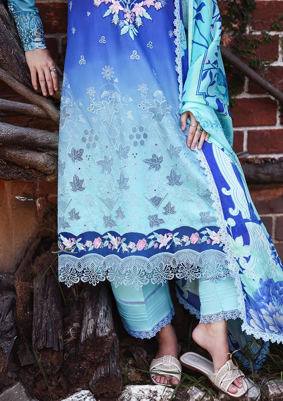 Ombre Blue Chikankari Lawn Suit with Digital Printed Silk Dupatta - Pehnaawaa