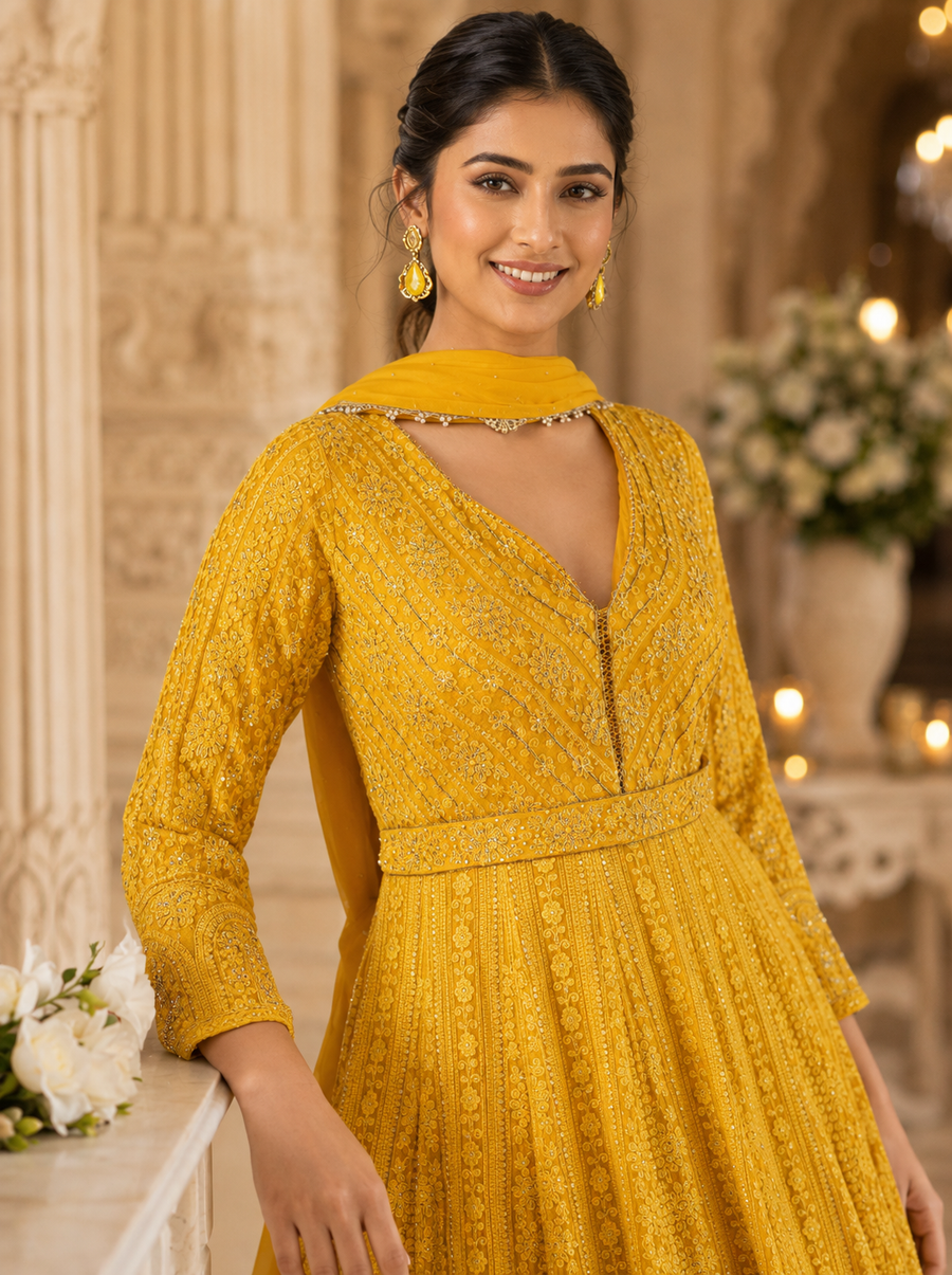 Golden Mustard Chikankari Anarkali Suit in Premium Real Georgette