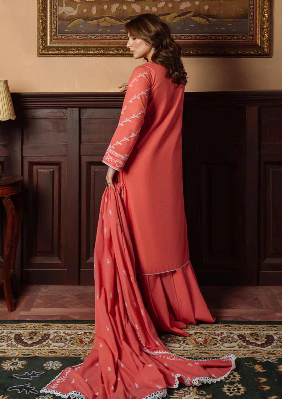Gilded Coral Chikankari Lawn Sharara Suit with Embroidered Dupatta - Pehnaawaa