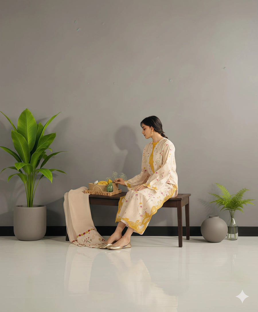 Golden Flora 3-Piece Stitched Suit Khaddar