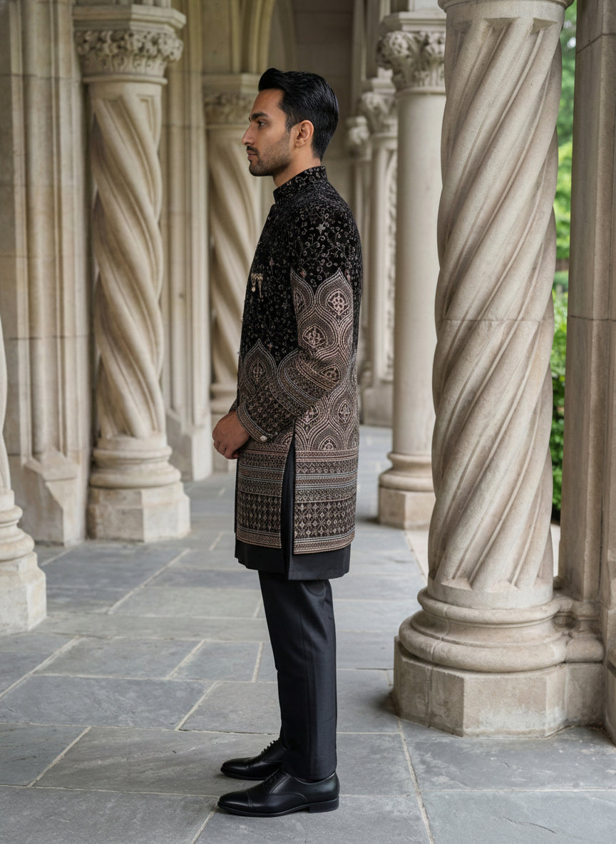 Men’s Black Embroidered Indo-Western Set ( 50JIND 130Black S )