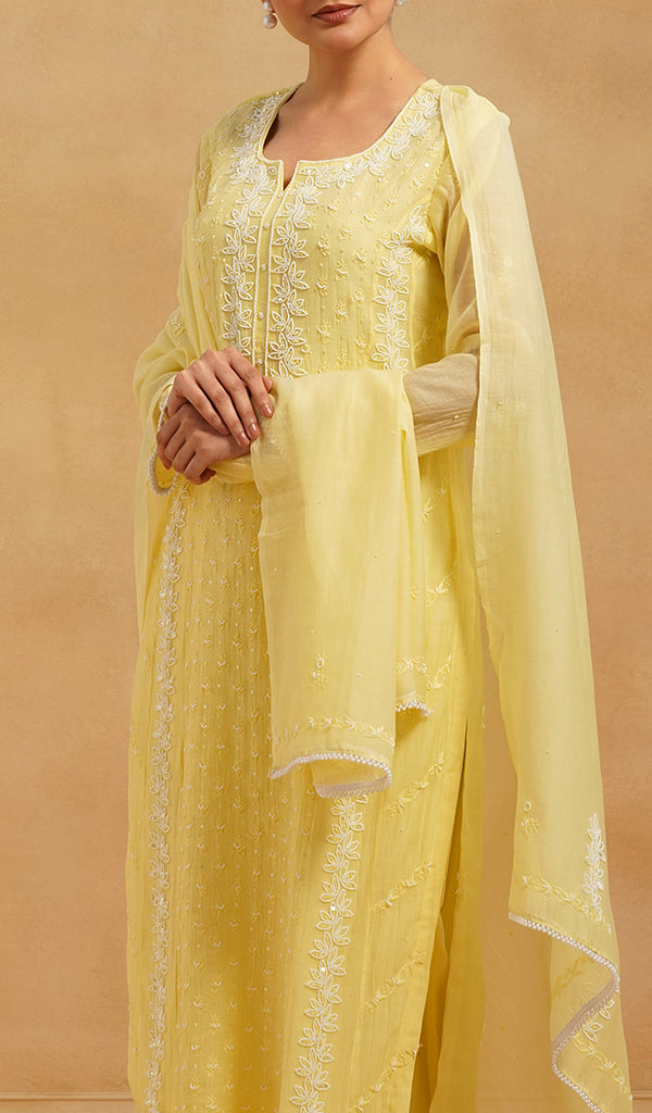 Saziya Women's Lakhnavi Handcrafted Mul Chanderi Chikankari Stitched Kurta, Dupatta And Pant Set