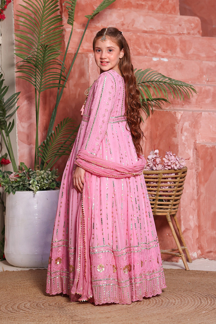 Girls’ Flamingo Pink Chikankari & Sequin Chiffon Maxi with Dupatta & Pouch