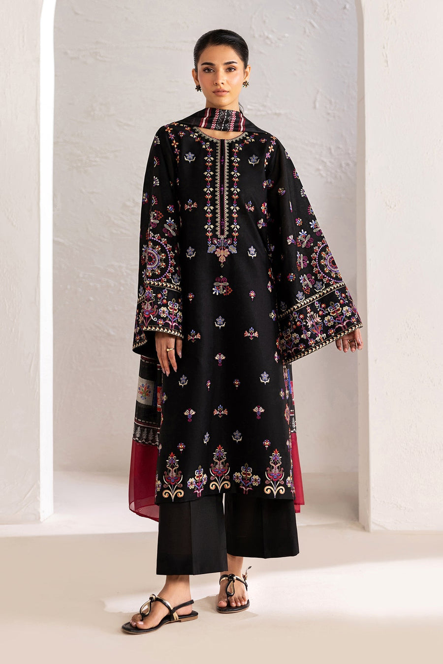 Black Multicolour Embroidered Lawn Suit with Silk Dupatta