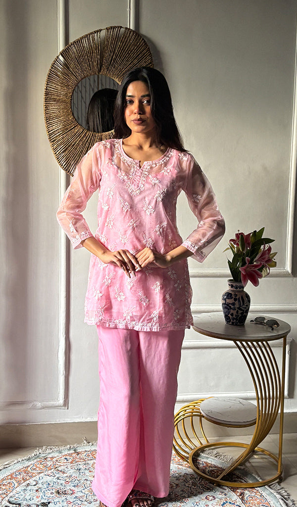 Women's Lucknowi Handcrafted Organza Stitched Chikankari Kurta And Plazzo Set - Pehnaawaa