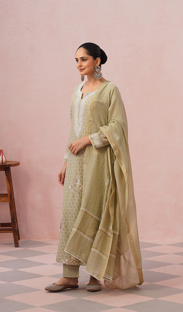 Women's Lakhnavi Handcrafted Mul Chanderi Chikankari Stitched Kurta, Dupatta And Pant Set - HONC0555586