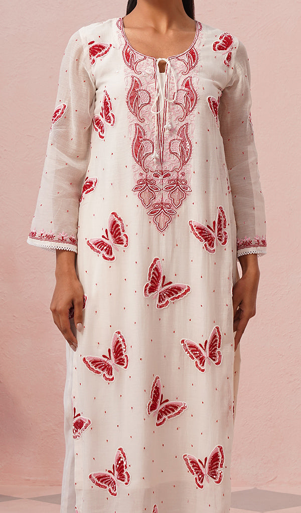 Titlee Women's Lakhnavi Handcrafted Mul Chanderi Chikankari Stitched Kurta, Dupatta And Pant Set