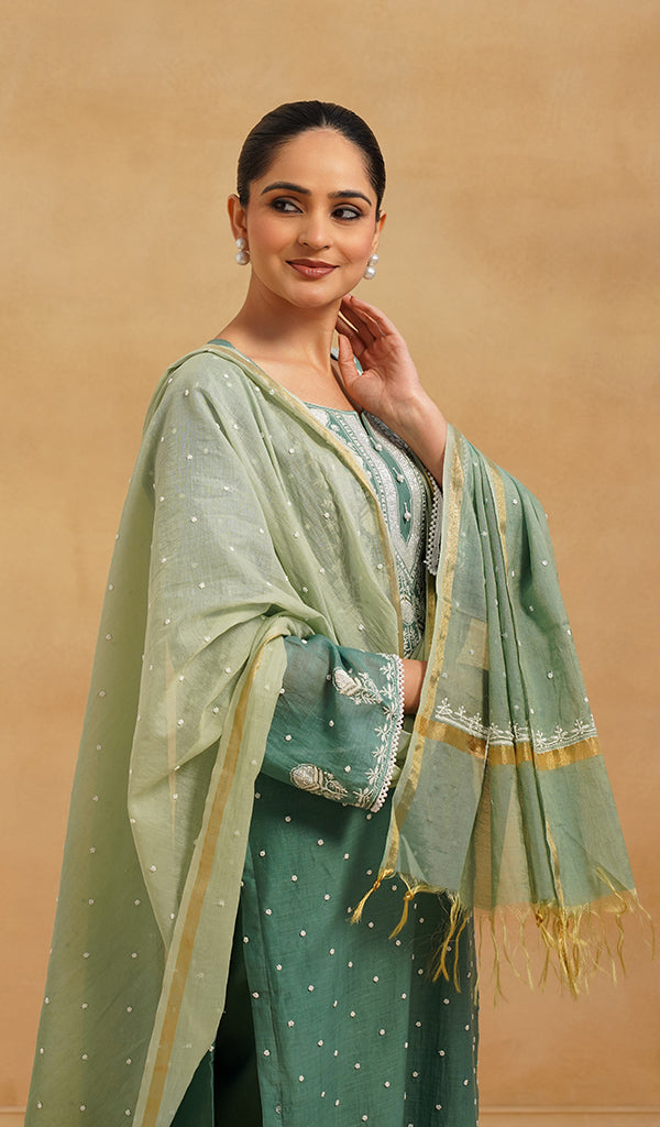 Women's Lakhnavi Handcrafted Mul Chanderi Chikankari Stitched Kurta, Dupatta And Pant Set