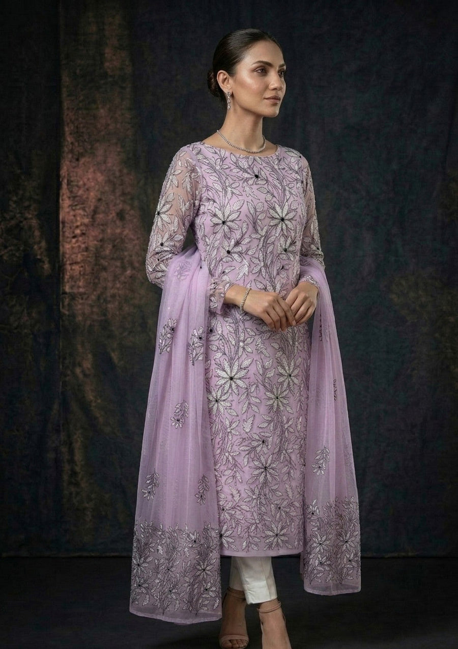 Lavender Chikankari & Mukesh Work Net Suit with Dupatta - Pehnaawaa