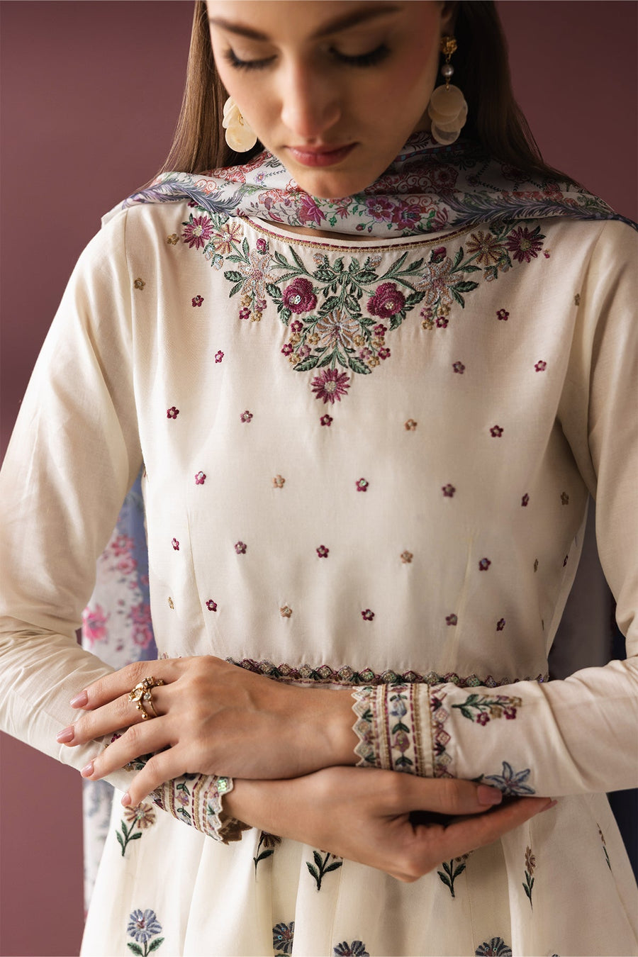 Embroidered Self Jacquard 3-Piece Pret Suit with Silk Dupatta