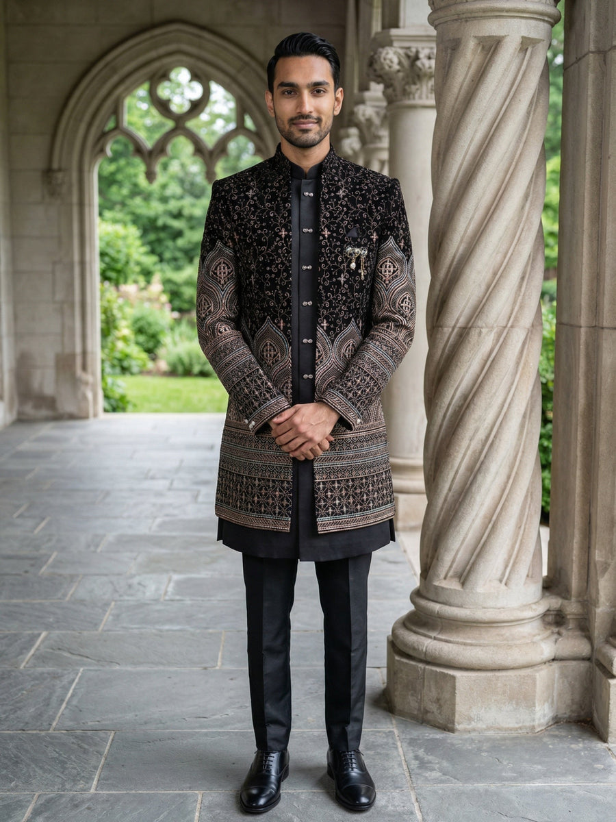 Men’s Black Embroidered Indo-Western Set ( 50JIND 130Black S )