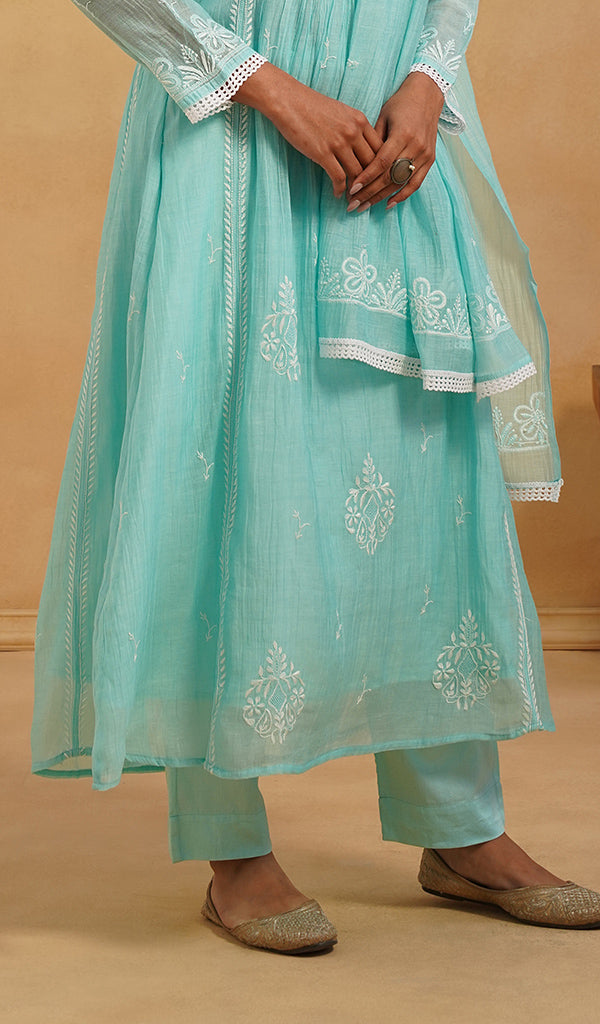 Women's Lakhnavi Handcrafted Mul Chanderi Chikankari Stitched Kurta, Dupatta And Pant Set - HONC0824547 - Pehnaawaa