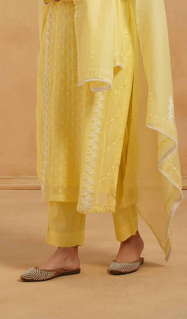 Saziya Women's Lakhnavi Handcrafted Mul Chanderi Chikankari Stitched Kurta, Dupatta And Pant Set