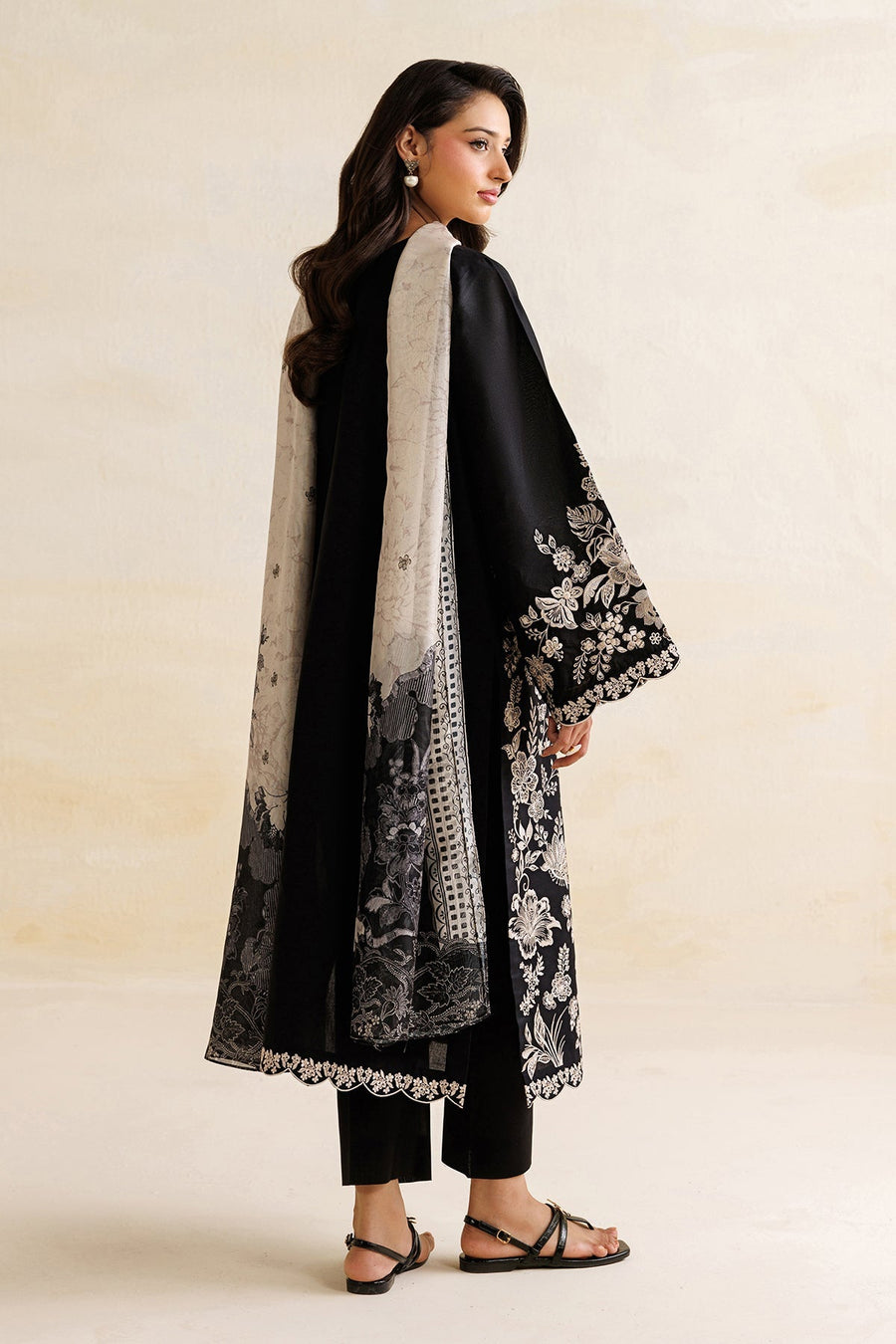 Black Embroidered Lawn Suit with Silk Dupatta
