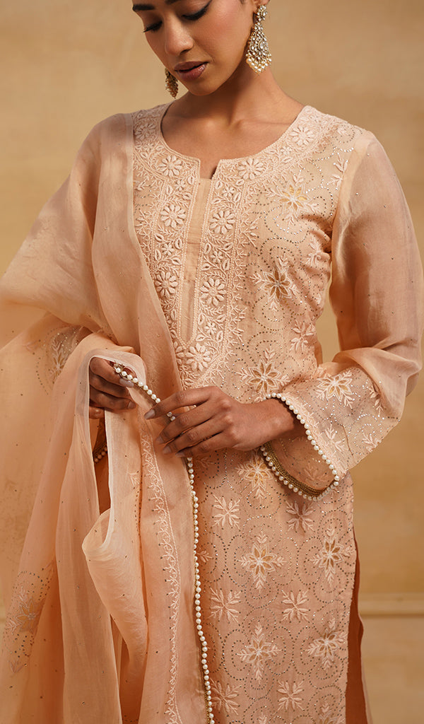 Women's Lucknowi Handcrafted Pure Organza Silk Stitched Chikankari Kurta, Dupatta With Pant Set- HONC054558