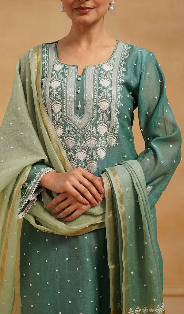Women's Lakhnavi Handcrafted Mul Chanderi Chikankari Stitched Kurta, Dupatta And Pant Set