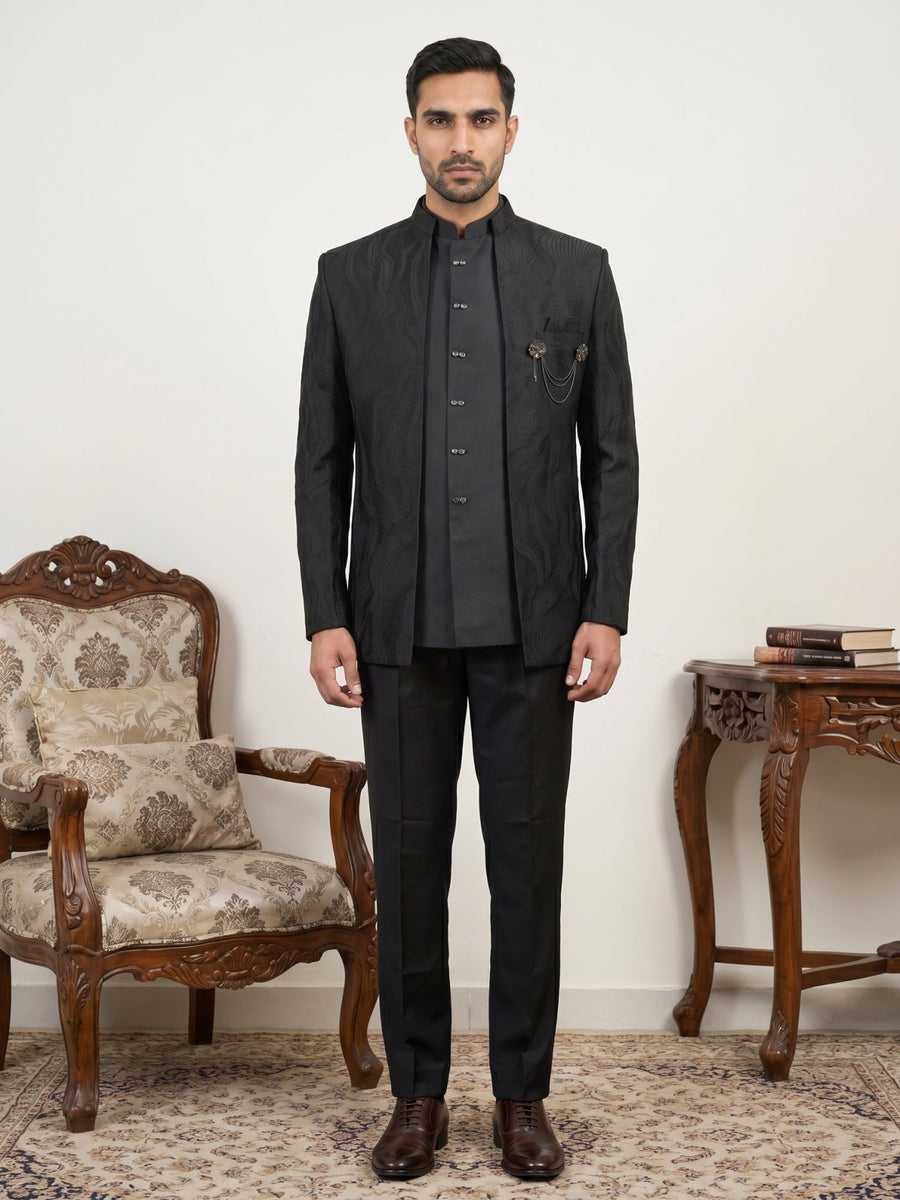 Men's Cotton Blend Embroidered Indo-Western Set ( 50JIND 218Black )
