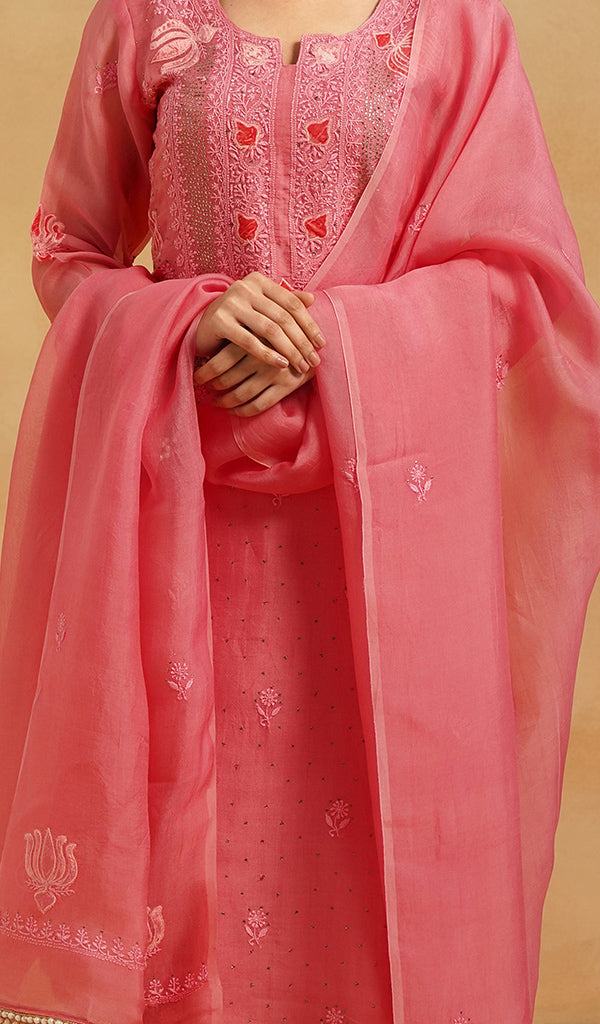 Women's Lucknowi Handcrafted Pure Organza Silk Stitched Chikankari Kurta, Dupatta With Pant Set
