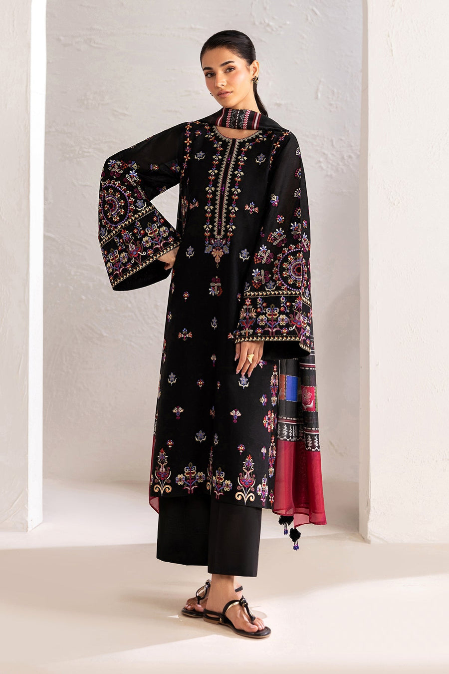 Black Multicolour Embroidered Lawn Suit with Silk Dupatta