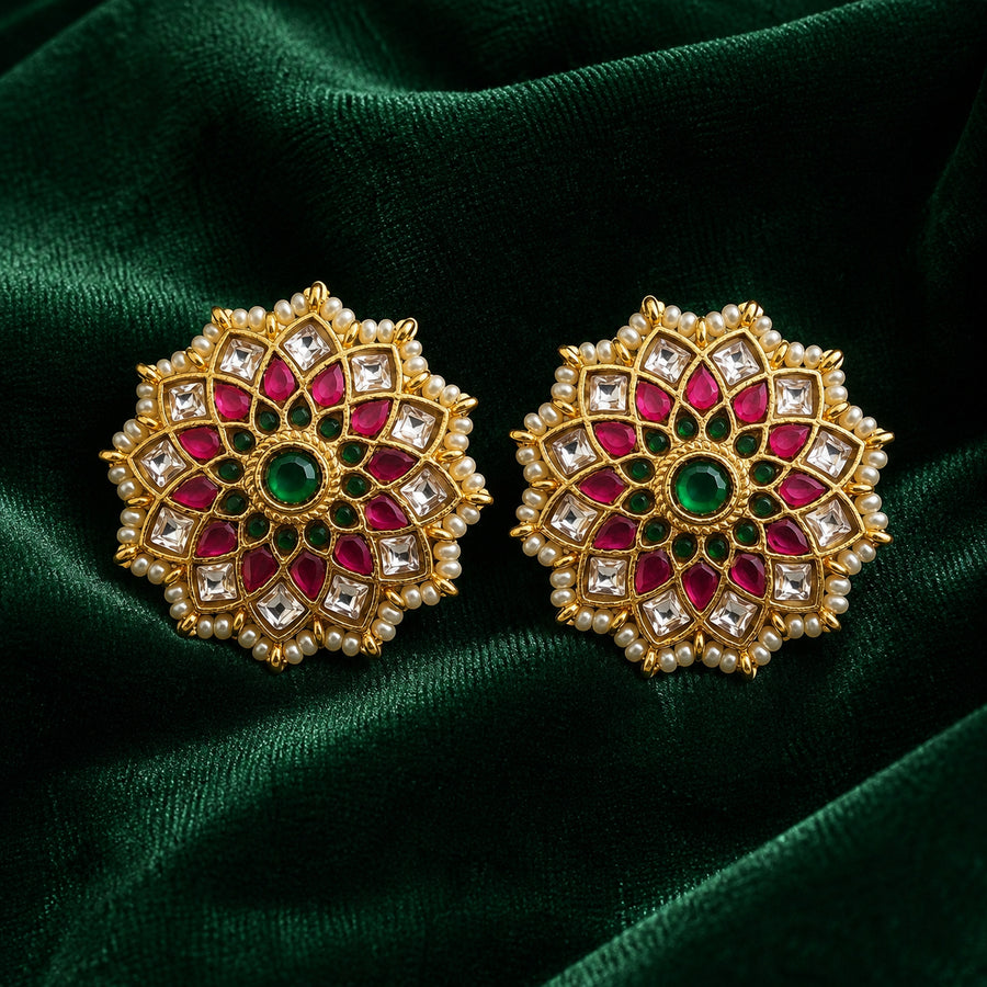 Pink and Green Jadau Kundan Floral Stud Earrings with Pearl Border