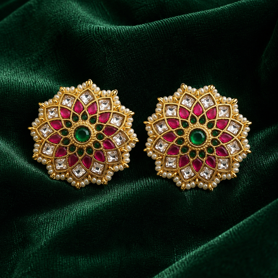 Pink and Green Jadau Kundan Floral Stud Earrings with Pearl Border
