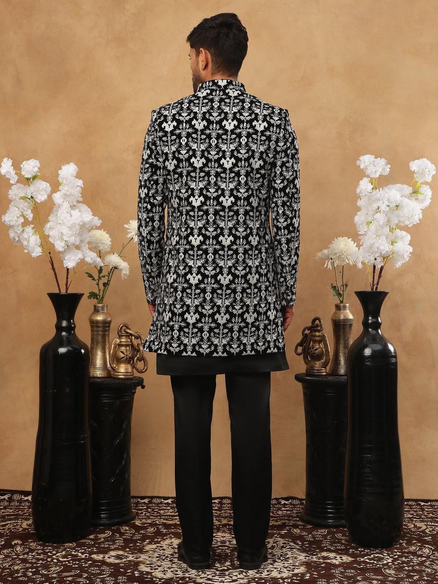 Men's Black & Off-White Floral Embroidered Indo-Western Set ( 50JIND 105 Off-White )