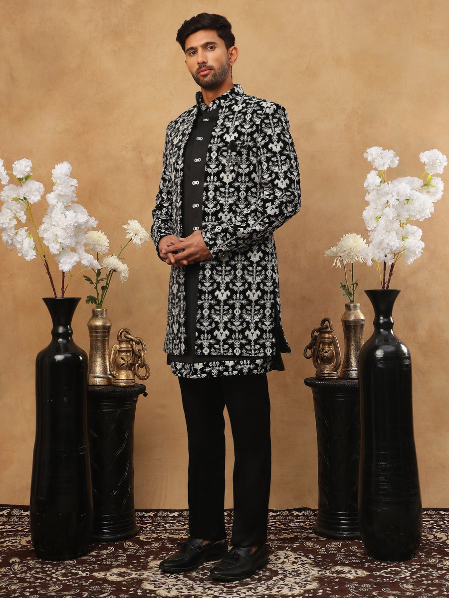Men's Black & Off-White Floral Embroidered Indo-Western Set ( 50JIND 105 Off-White )