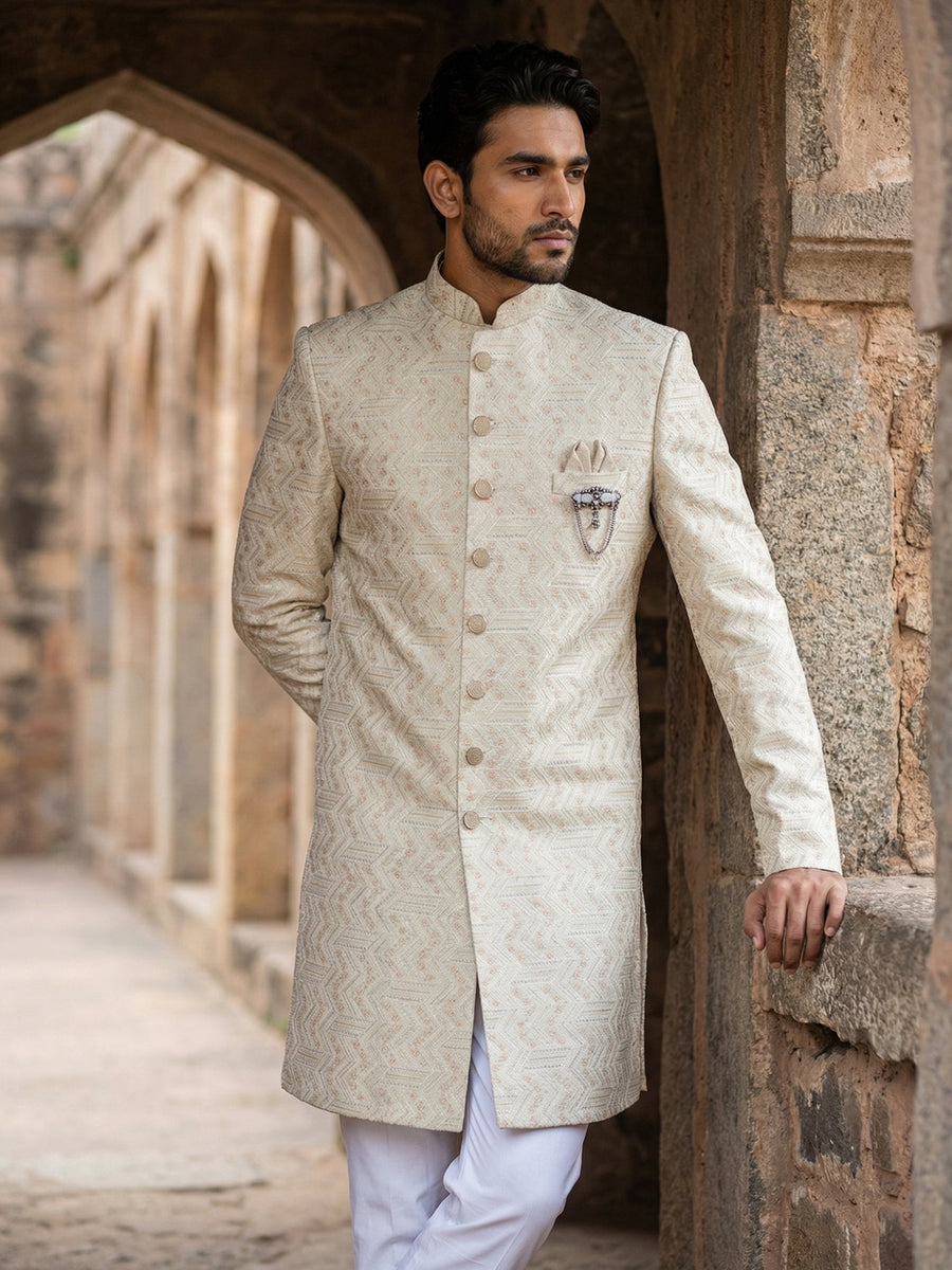 Jacquard Silk Sherwani Set ( 50JIND 137Cream S )