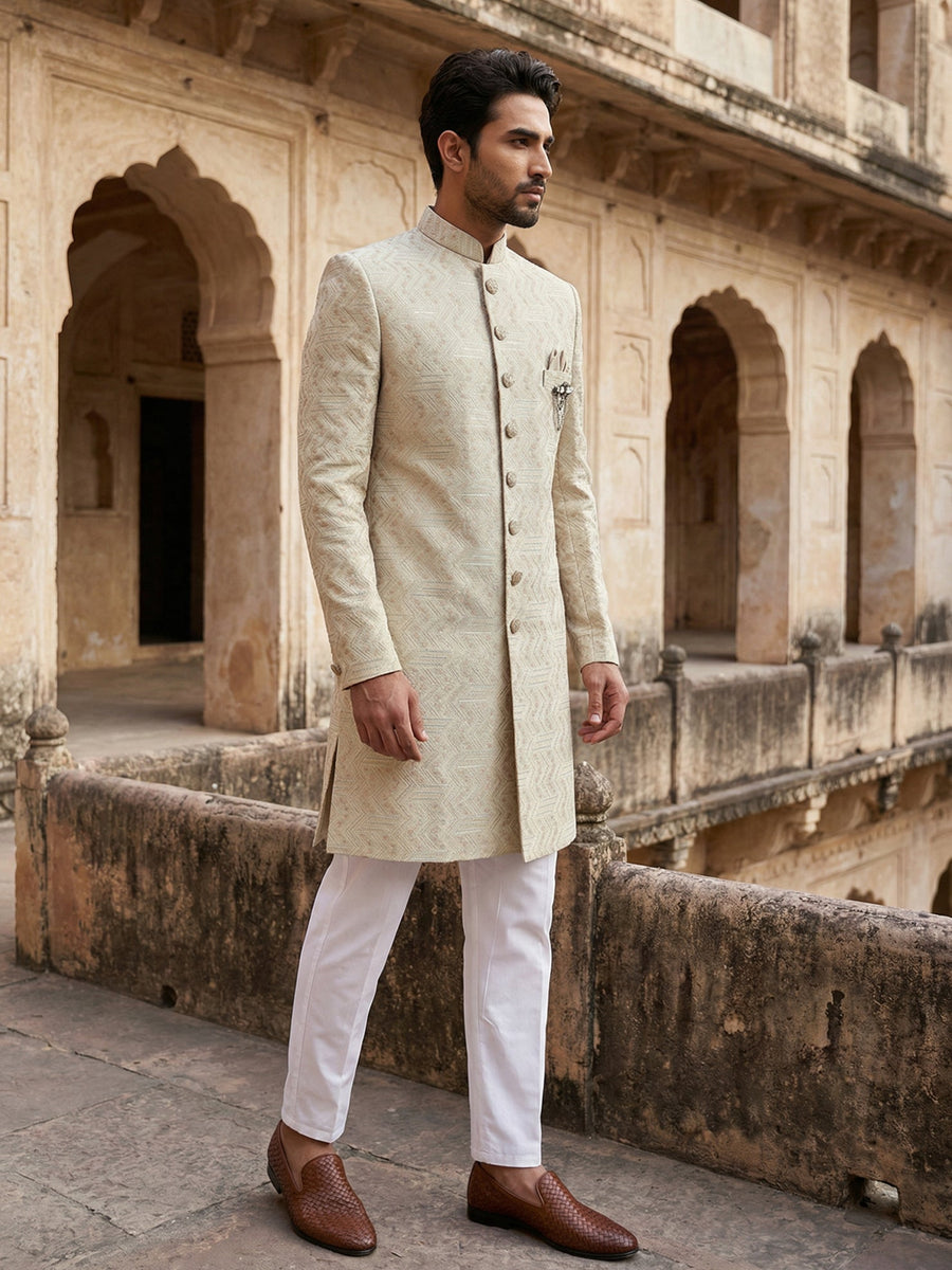 Jacquard Silk Sherwani Set ( 50JIND 137Cream S )