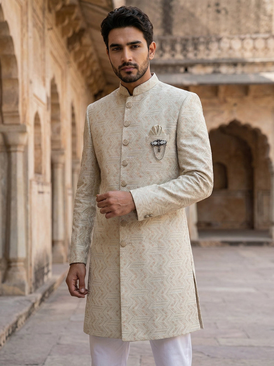 Jacquard Silk Sherwani Set ( 50JIND 137Cream S )