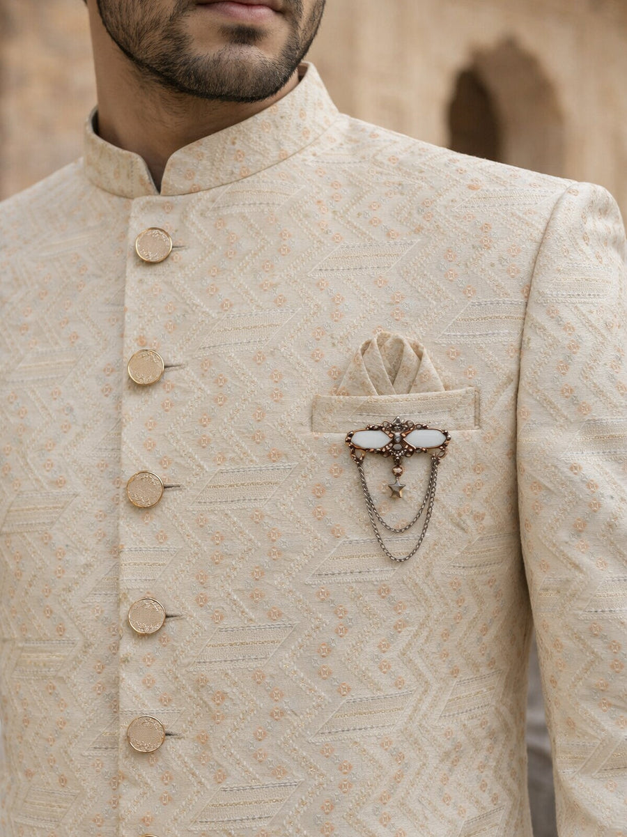Jacquard Silk Sherwani Set ( 50JIND 137Cream S )