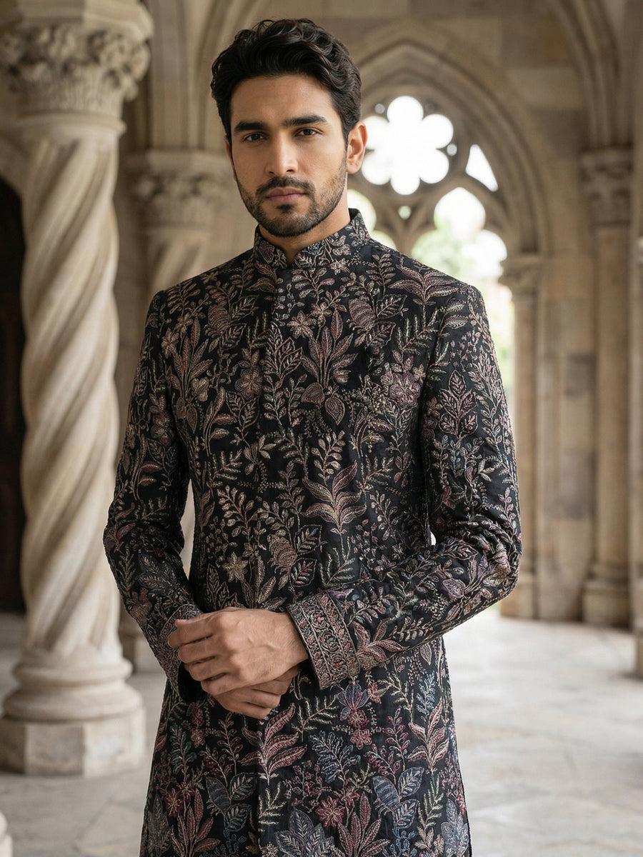 Ethnic Velvet Embroidered Sherwani Set ( 50JIND 142Black S )