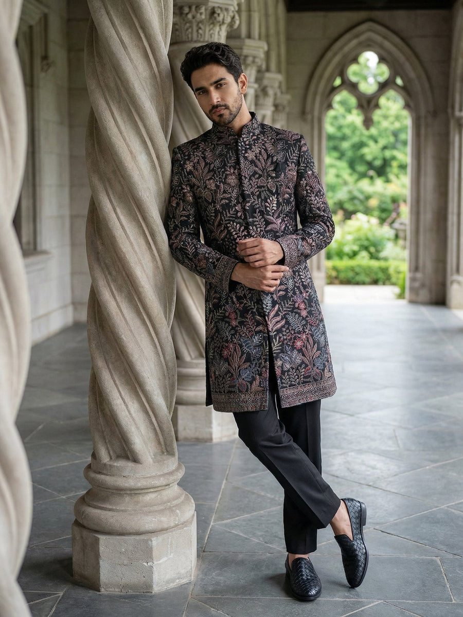 Ethnic Velvet Embroidered Sherwani Set ( 50JIND 142Black S )