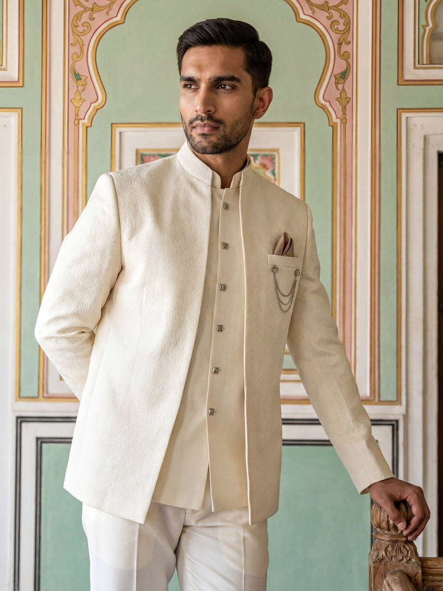 Cotton Blend Textured Indo-Western Set ( 50JIND 143Cream S )