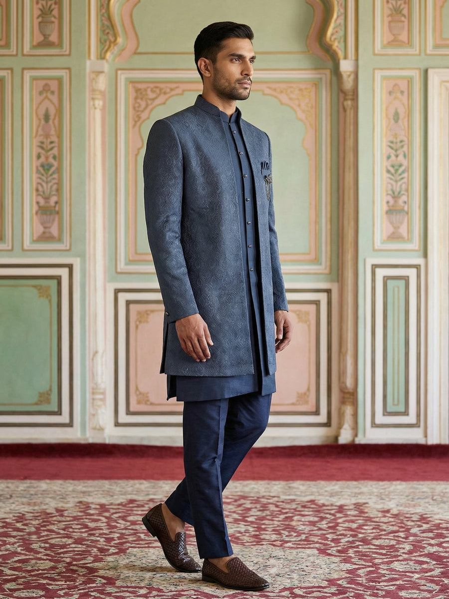 Designer Cotton Blend Sherwani Set ( 50JIND 144Navy S )