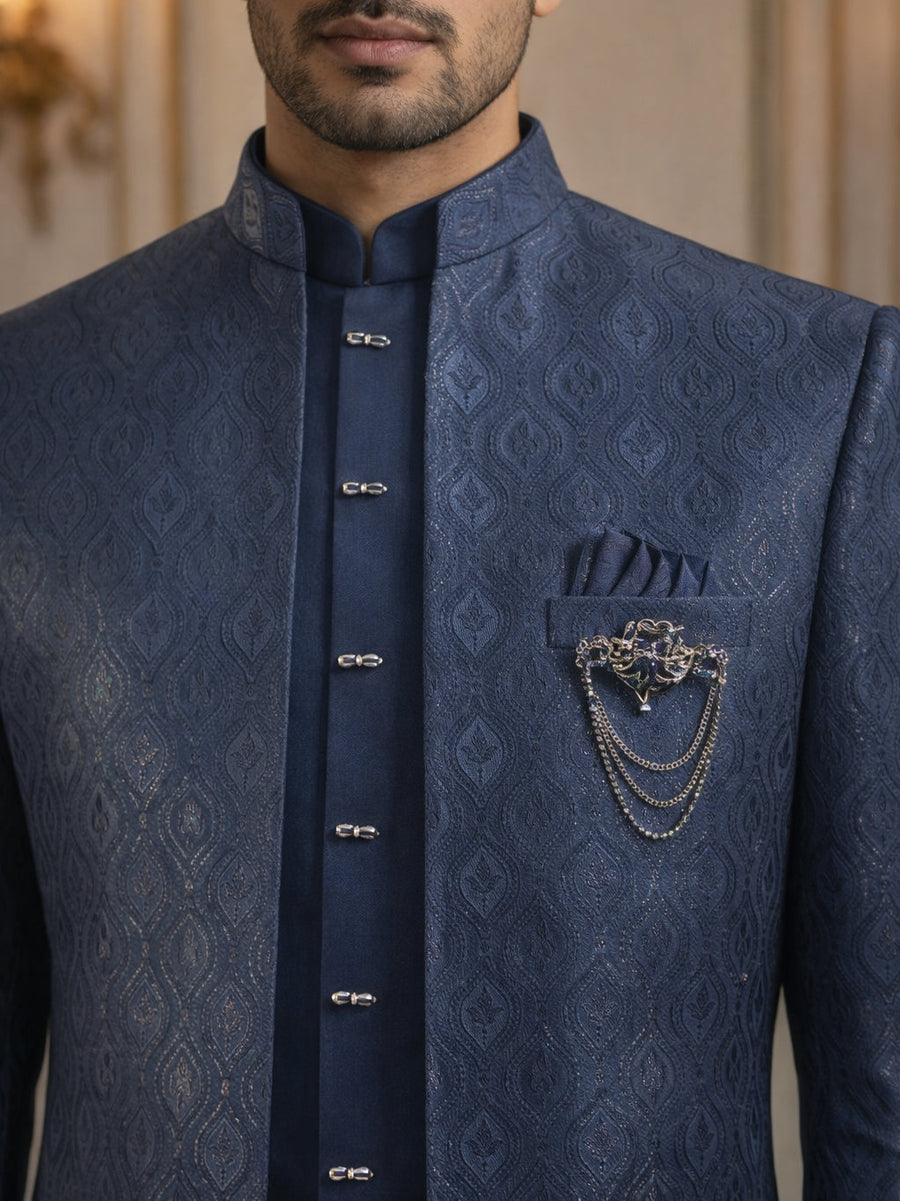 Designer Cotton Blend Sherwani Set ( 50JIND 144Navy S )