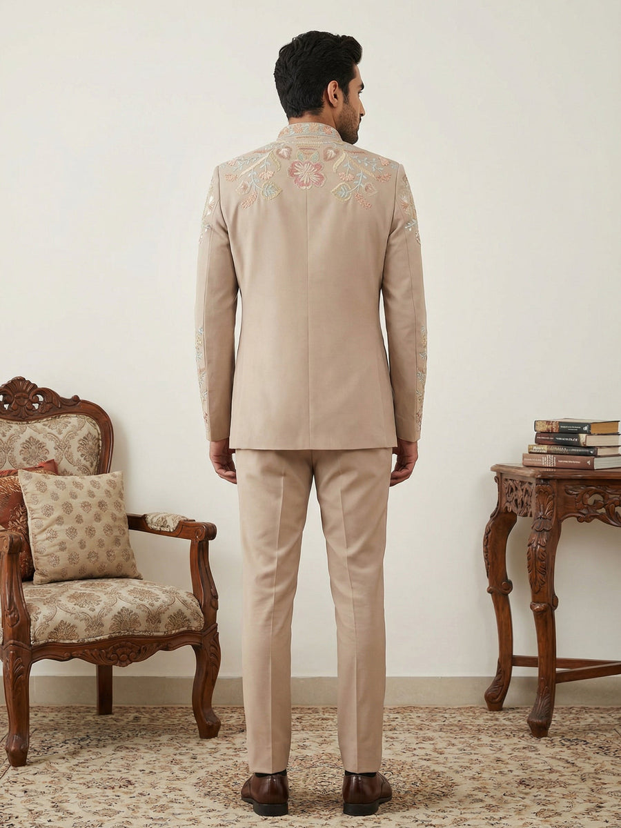 Japanese Fabric Embroidered Sherwani Set ( 50JIND 145Beige S )