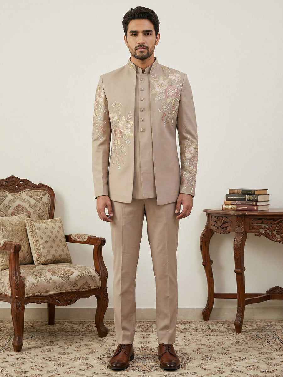 Japanese Fabric Embroidered Sherwani Set ( 50JIND 145Beige S )