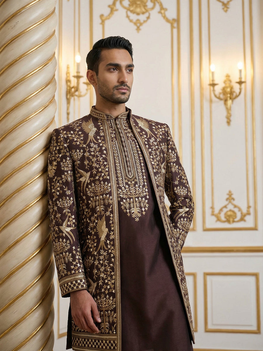Silk Blend Floral Embroidered Sherwani Set ( 50JIND 146Purple S )