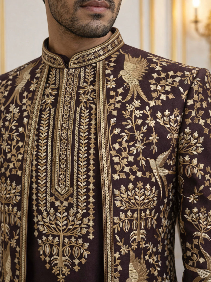 Silk Blend Floral Embroidered Sherwani Set ( 50JIND 146Purple S )
