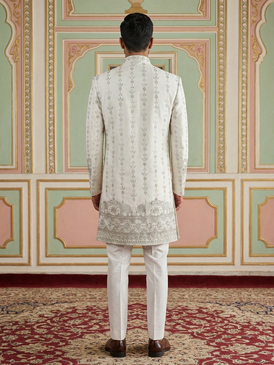 Men’s Embroidered Cotton Blend Indo-Western Set ( 50JIND 157White S )