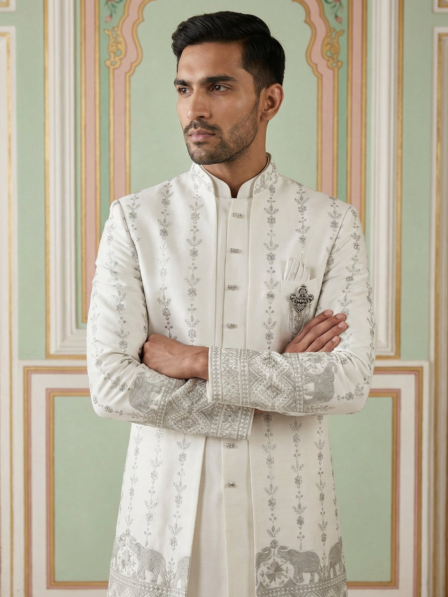 Men’s Embroidered Cotton Blend Indo-Western Set ( 50JIND 157White S )