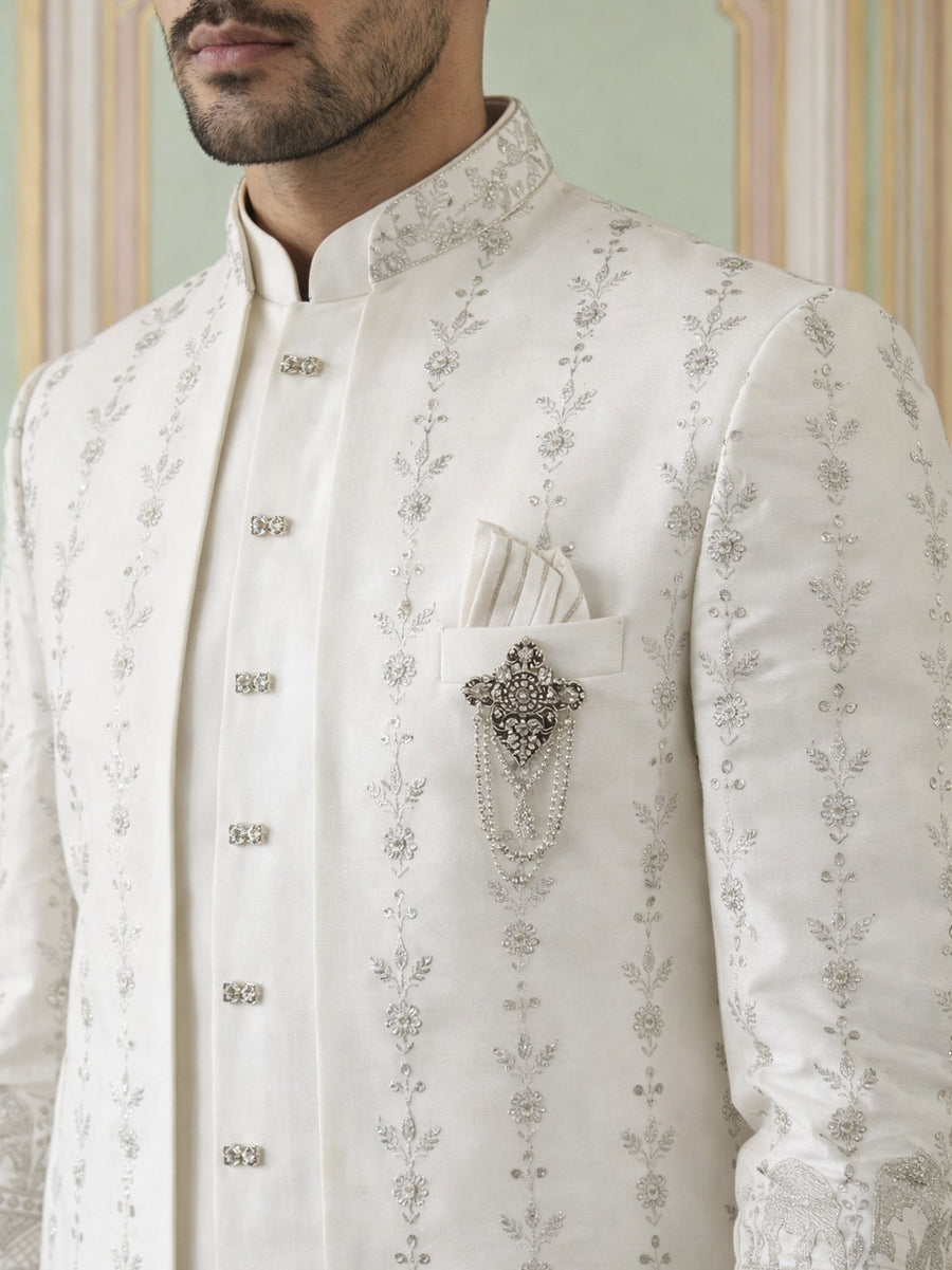 Men’s Embroidered Cotton Blend Indo-Western Set ( 50JIND 157White S )