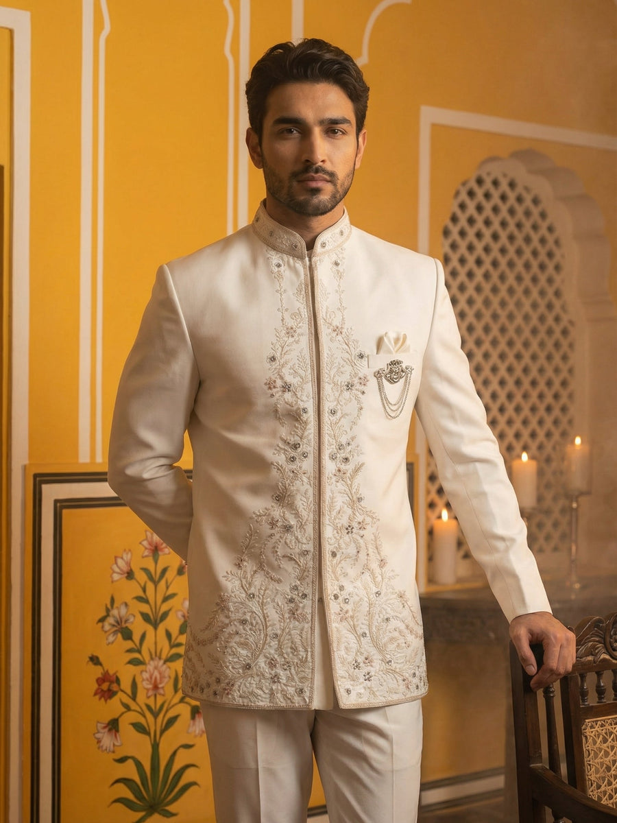 Japanese Embroidered Indo-Western Set ( 50JIND 160Cream S )