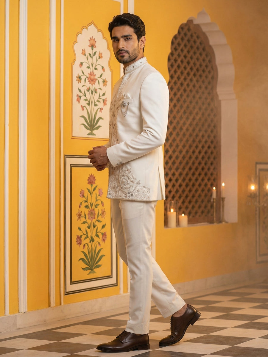 Japanese Embroidered Indo-Western Set ( 50JIND 160Cream S )
