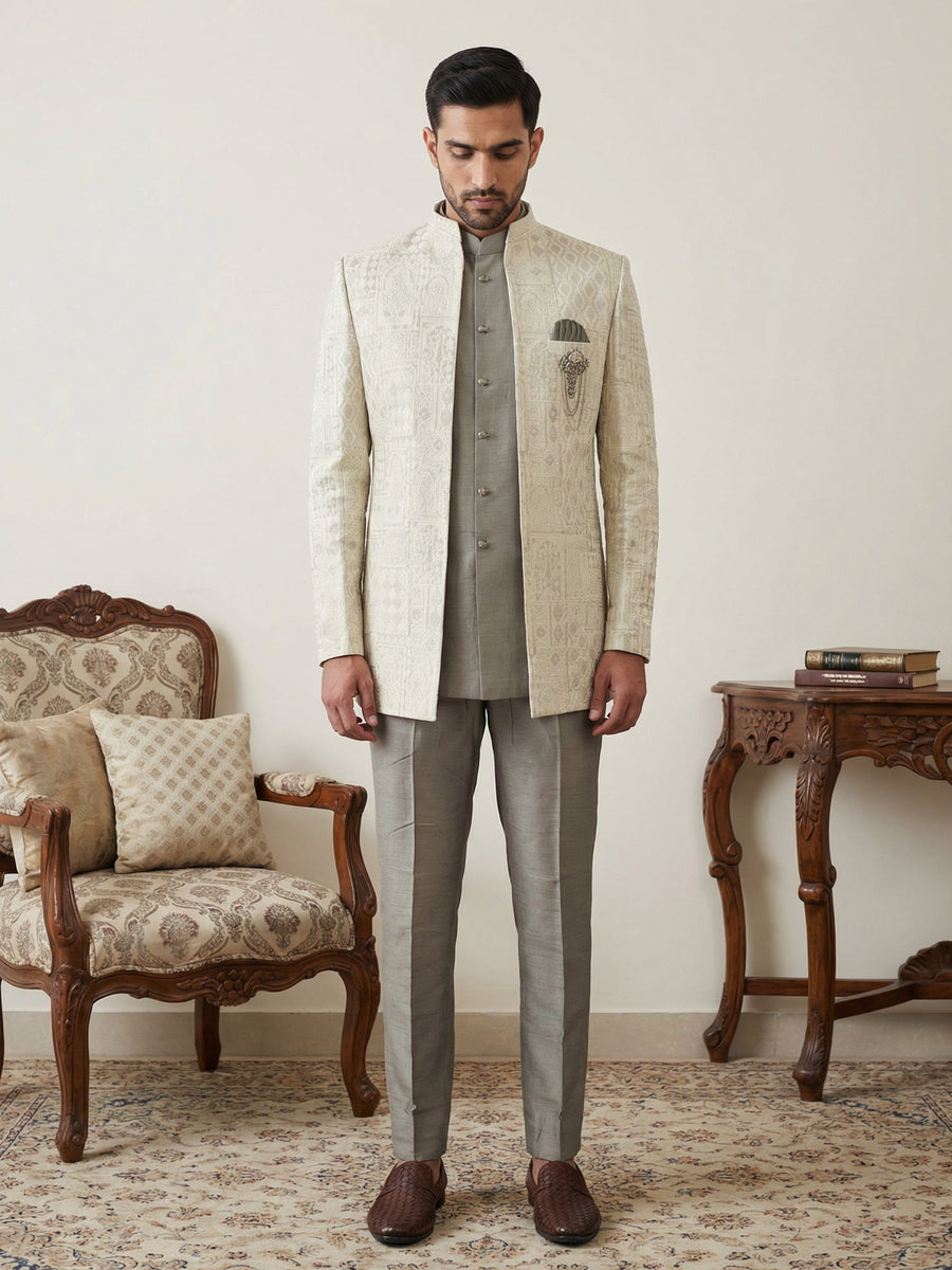 Silk Blend Woven Design Indo-Western Set ( 50JIND 162Cream S )