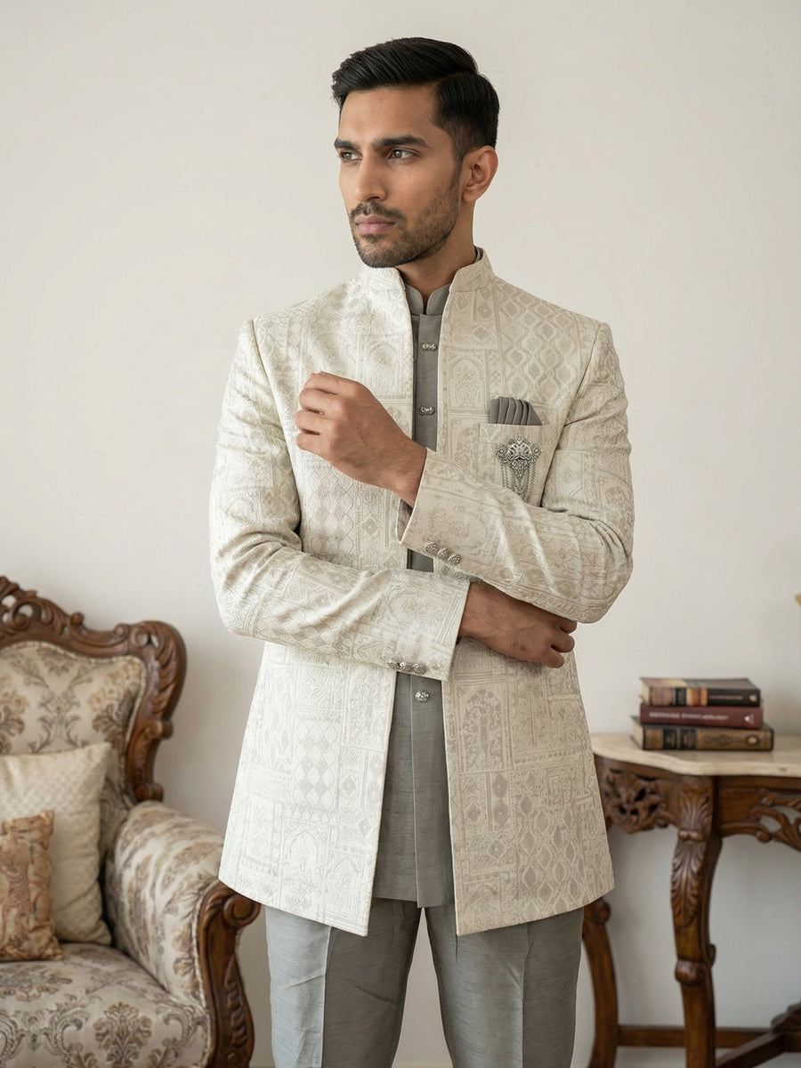 Silk Blend Woven Design Indo-Western Set ( 50JIND 162Cream S )