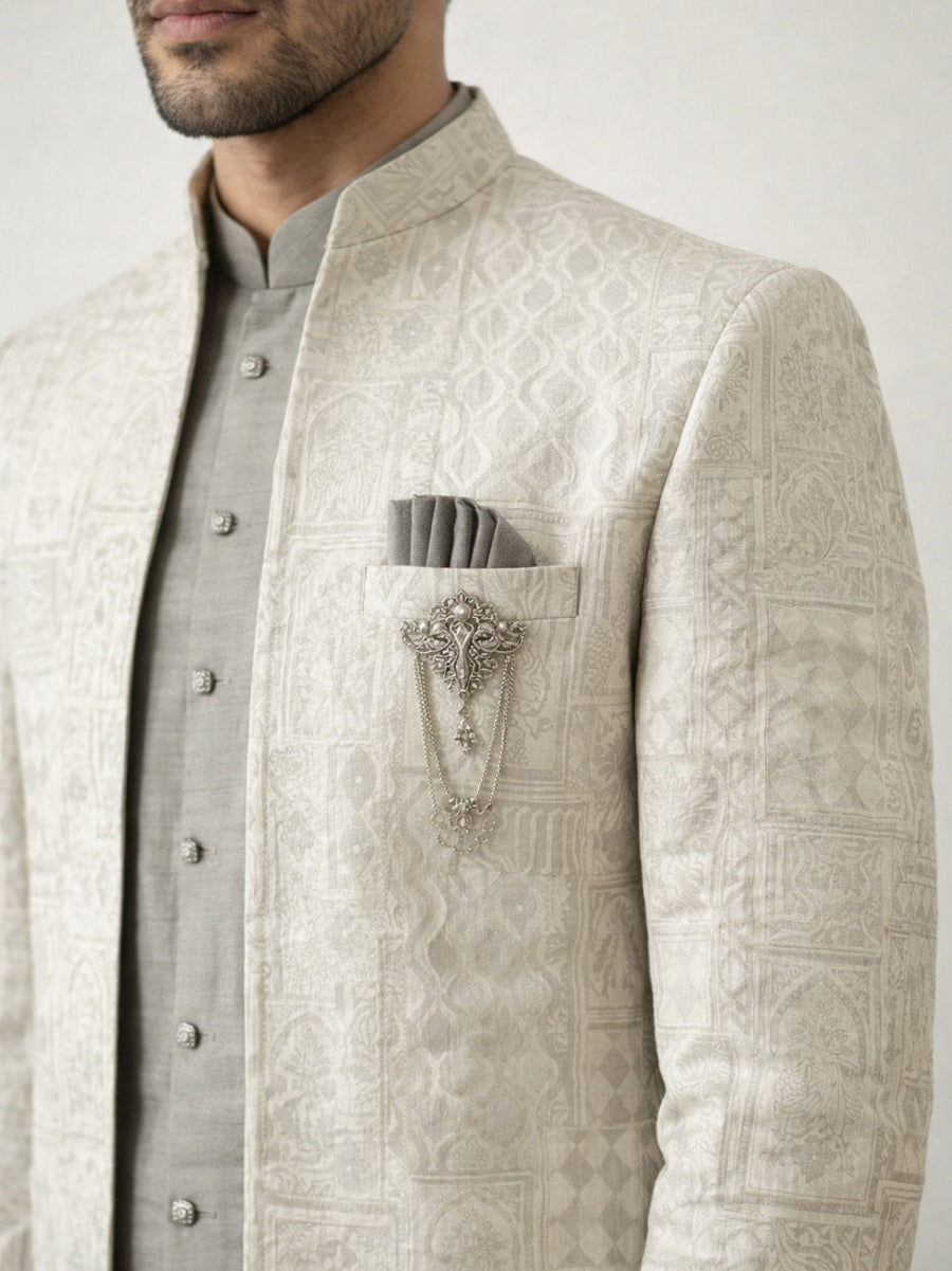 Silk Blend Woven Design Indo-Western Set ( 50JIND 162Cream S )