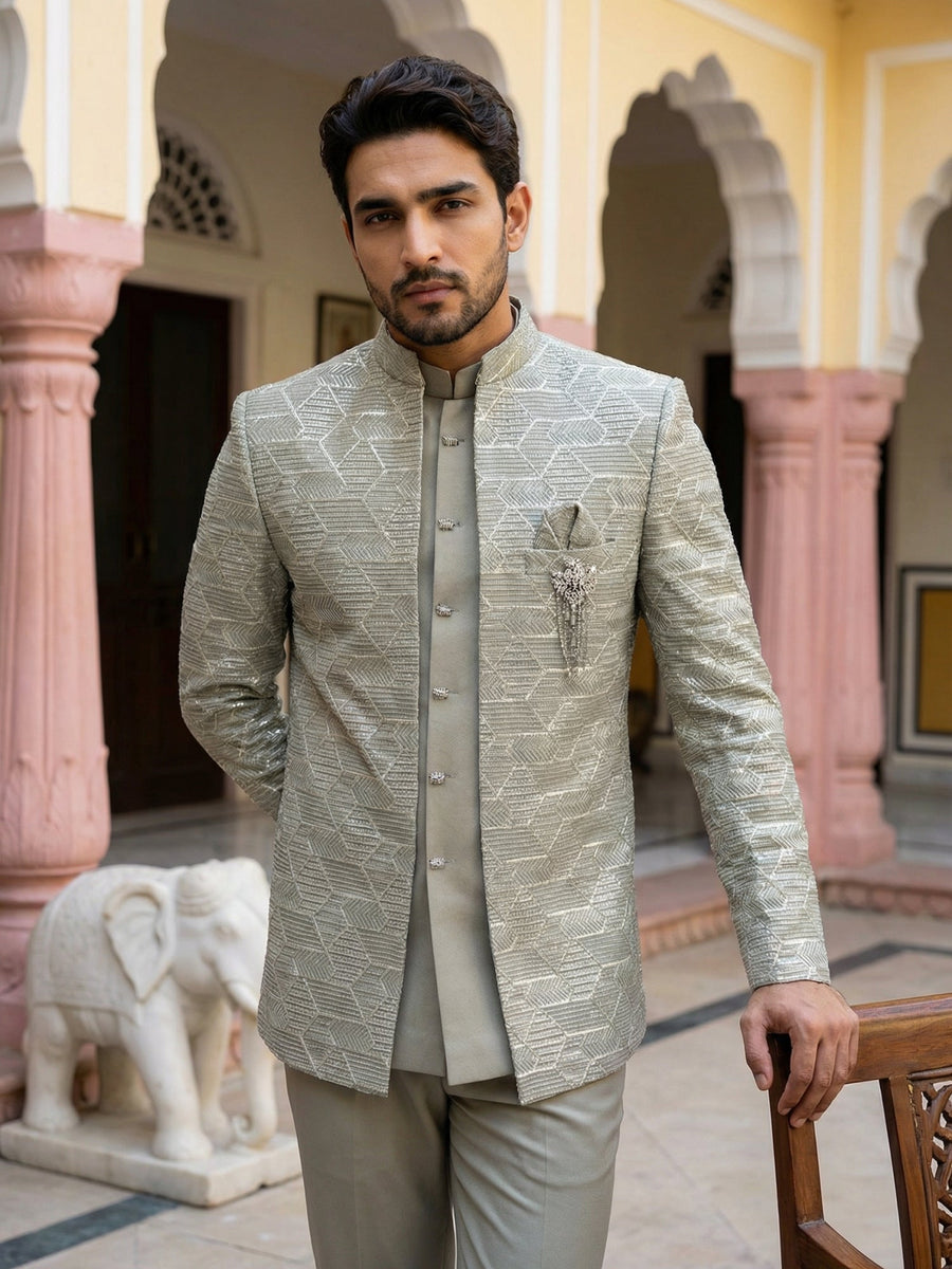 Silk Blend Embroidered Indo-Western Set ( 50JIND 170Pista S )